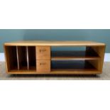 MID CENTURY TEAK TV/HI-FI UNIT, rounded edges, vinyl record storage compartments, shelving, two