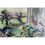 ‡ ARTHUR GIARDELLI watercolour - autumnal garden view from window with potted cyclamen, unsigned, 37