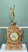 FRENCH RED MARBLE MANTEL CLOCK, c.1900, gilt spelter figural top (loose) above stepped case with 3