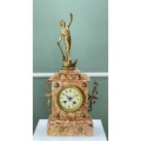 FRENCH RED MARBLE MANTEL CLOCK, c.1900, gilt spelter figural top (loose) above stepped case with 3