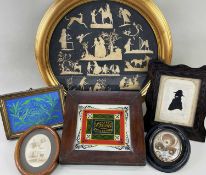 SIX FOLK ART PICTURES, including reverse glass painted birth panel, inscribed 'Sarah Lewis born June