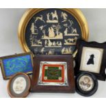 SIX FOLK ART PICTURES, including reverse glass painted birth panel, inscribed 'Sarah Lewis born June