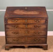 GEORGE III MAHOGANY BUREAU, angled fall enclosing fitted interior, above four graduated long