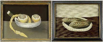 TWO FOLK WOOLWORK PICTURES OF STILL LIVES OF FRUIT, one depicting half peeled lemons in a bowl...