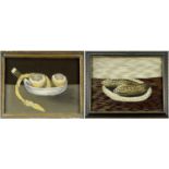 TWO FOLK WOOLWORK PICTURES OF STILL LIVES OF FRUIT, one depicting half peeled lemons in a bowl...