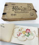 1941 NORLAND PAINT & WALLPAPER SAMPLE BOOK No. 2, printed leather covers with leather handle &