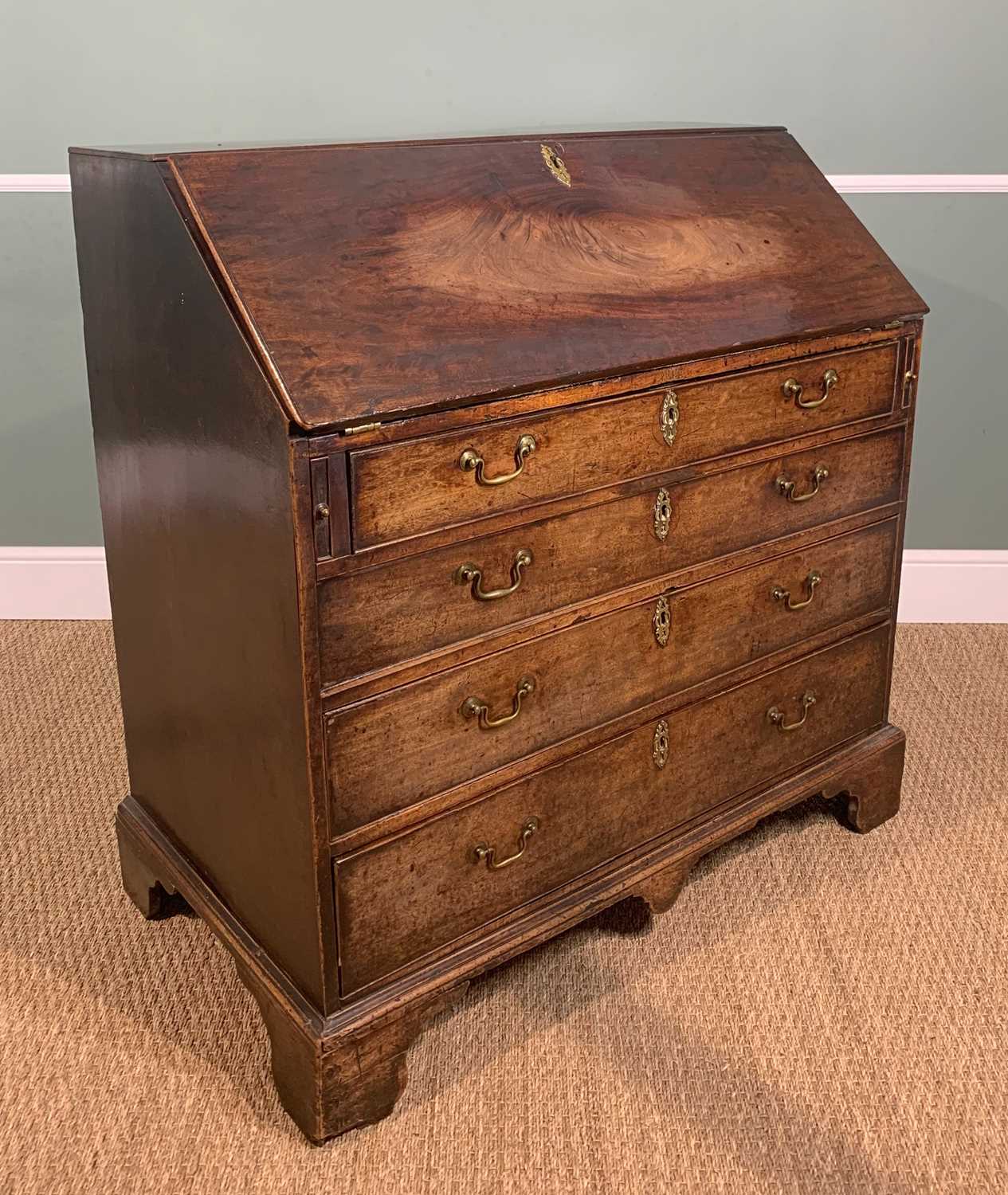 GEORGE III MAHOGANY BUREAU, angled fall enclosing fitted interior, above four graduated long - Image 3 of 5