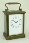 BRASS CARRIAGE CLOCK, white enamel Roman dial, five bevelled glass windows, 10.5cm h (excl handle)