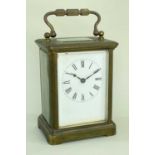 BRASS CARRIAGE CLOCK, white enamel Roman dial, five bevelled glass windows, 10.5cm h (excl handle)