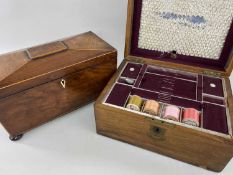 19TH CENTURY TEA CADDY & WORKBOX, mahogany and boxwood strung caddy with angled rectangular lid,