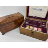 19TH CENTURY TEA CADDY & WORKBOX, mahogany and boxwood strung caddy with angled rectangular lid,