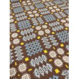 TRADITIONAL WELSH WOOLEN TAPESTRY BLANKET, woven in chocolate brown/pale blue/lemon/white, with