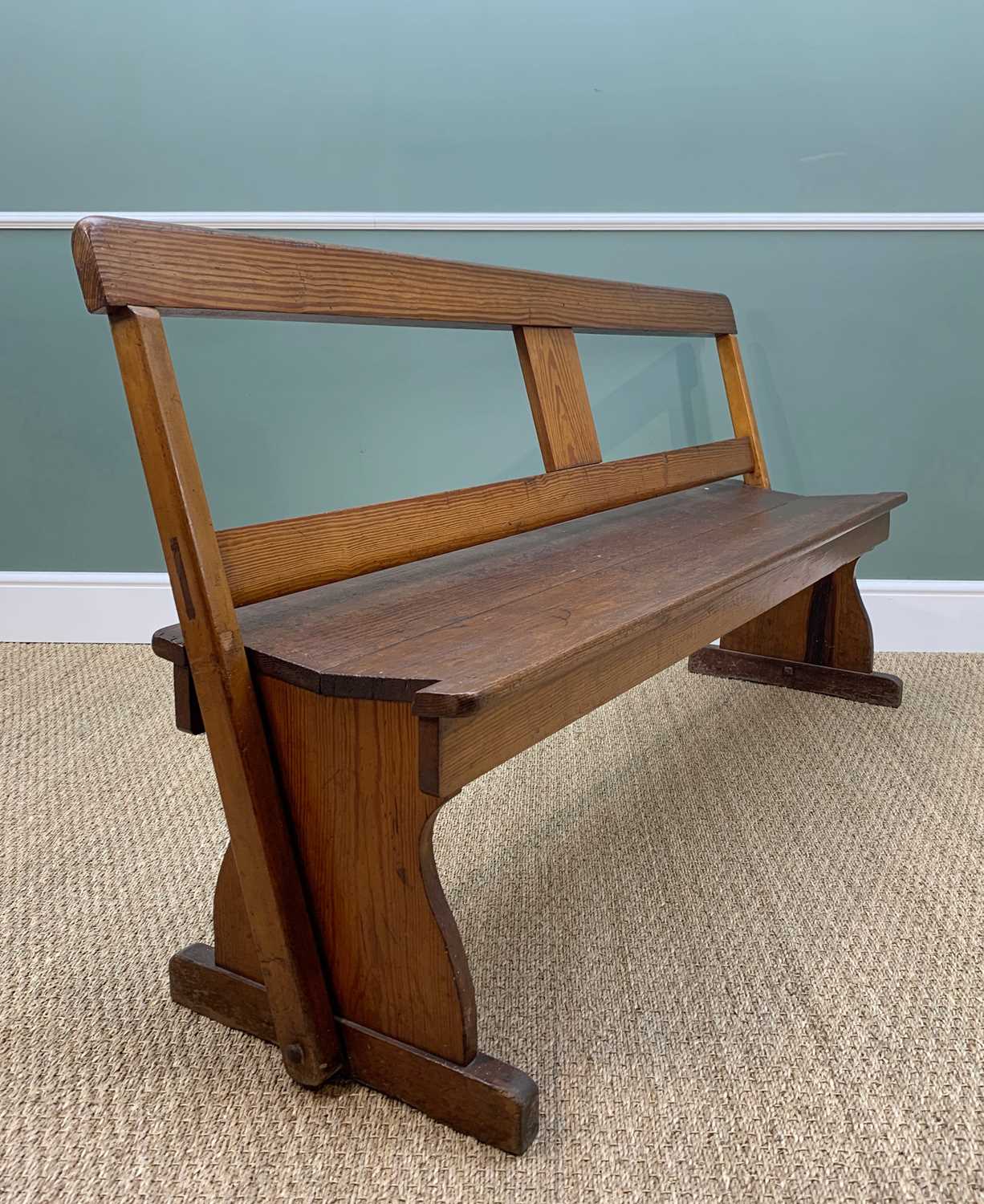 VINTAGE PITCH PINE REVERSIBLE TRAM BENCH, double plank seat on solid trestle end supports and a - Image 2 of 3