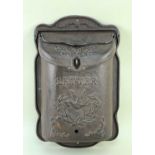 REPRODUCTION CAST IRON WALL MOUNTED LETTER BOX, with ornamental detail and double-hinged lid, 40 x