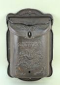 REPRODUCTION CAST IRON WALL MOUNTED LETTER BOX, with ornamental detail and double-hinged lid, 40 x