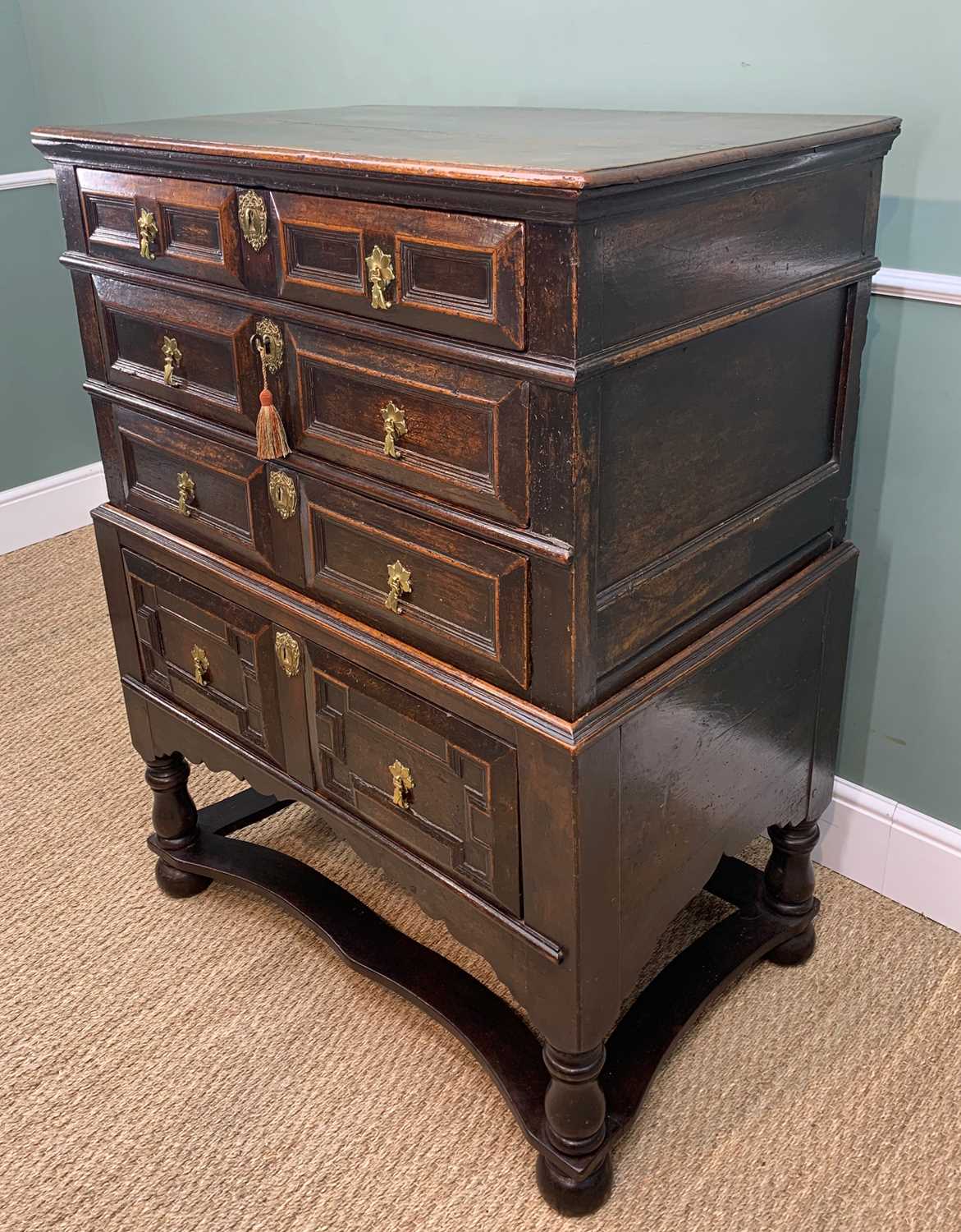 17TH CENTURY OAK GEOMETRIC FRONTED TWO PART CHEST ON STAND, fitted three graduated long drawers on a - Image 5 of 18