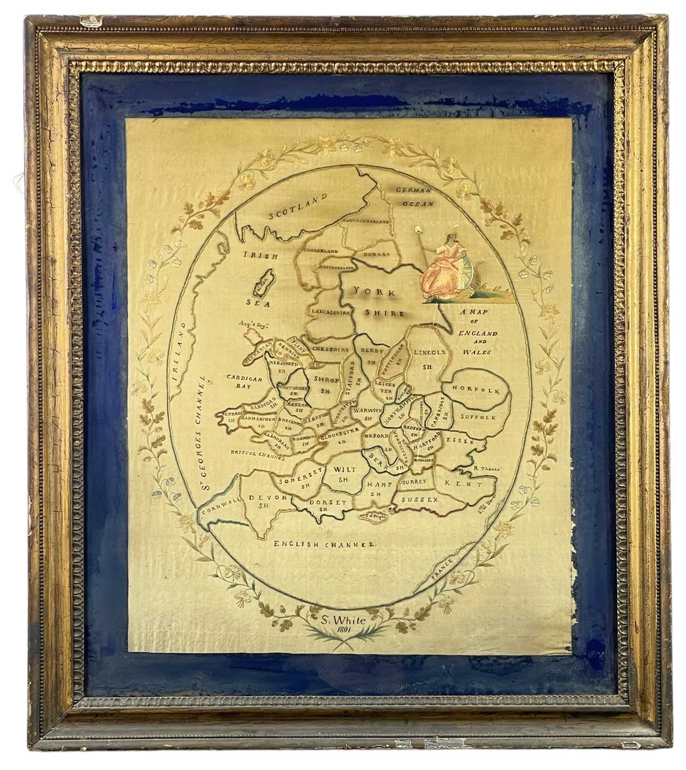 GEORGE III SILKWORK MAP 'SAMPLER' OF "ENGLAND & WALES", by S. White, dated 1801, with seated - Image 2 of 2