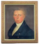 EARLY 19TH CENTURY SCHOOL oil on canvas - portrait of a gentleman in blue coat and white cravat,