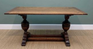 SMALL OAK REFECTORY TABLE, cleated plank top above cup and cover supports, sleigh feet joined by