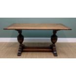 SMALL OAK REFECTORY TABLE, cleated plank top above cup and cover supports, sleigh feet joined by