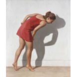 ‡ HARRY HOLLAND oil on panel - female in red dress leaning forward, entitled verso on Martin