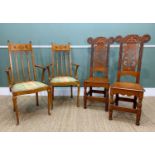TWO PAIRS SIDE CHAIRS, comprising pair Edwardian Art nouveau style marquetry armchairs with inlaid