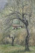 ‡ JANE CARPANINI watercolour - view through trees towards a red tiled roof and whitewashed villa,