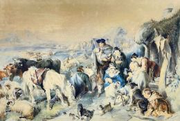 EMILY R. SMYTH (British, fl. 1850-1874) watercolour - Highland family group with cattle, horses