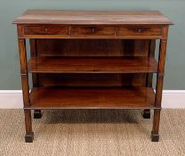 19TH CENTURY MAHOGANY BUFFET, moulded rectangular top above three frieze drawers, panelled back