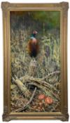 ‡ RICHARD SMITH (British contemporary) oil on board - pheasant standing on branch in woodland,