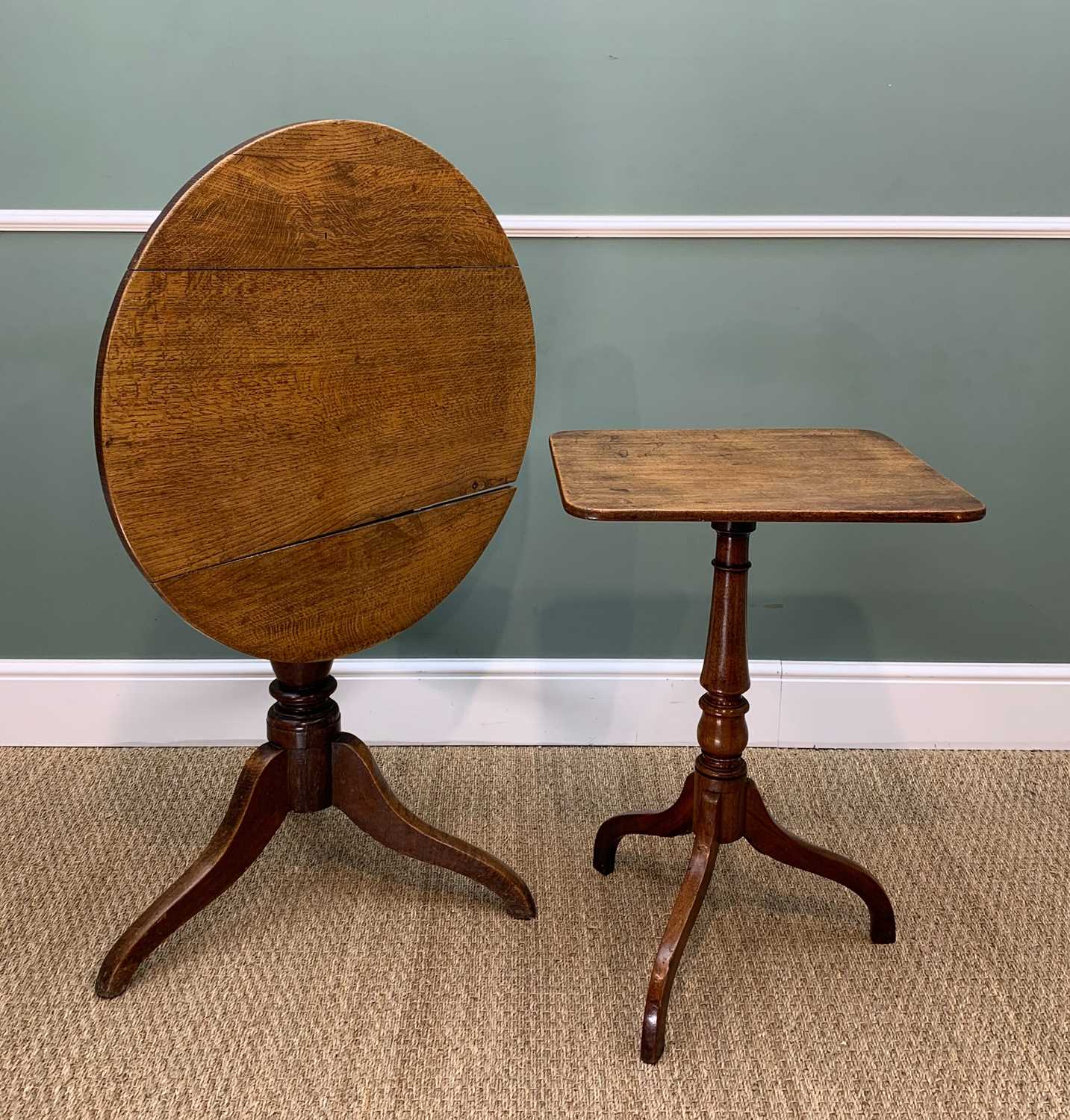 TWO 19TH CENTURY TRIPOD TABLES, comprising oak circular top table on baluster turned column and - Image 2 of 2