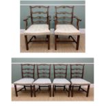 SET OF SIX GEORGE III STYLE LADDER-BACK DINING CHAIRS, looped crossbars, stuff-over serpentine seats