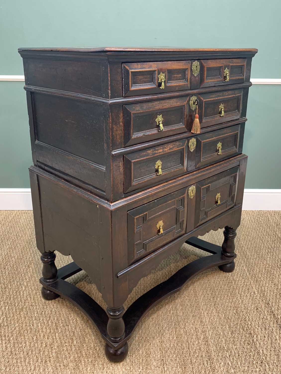 17TH CENTURY OAK GEOMETRIC FRONTED TWO PART CHEST ON STAND, fitted three graduated long drawers on a - Image 6 of 18