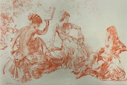 ‡ SIR WILLIAM RUSSELL FLINT (Scottish, 1880-1969) print - 'Discussion', three semi-clad maidens