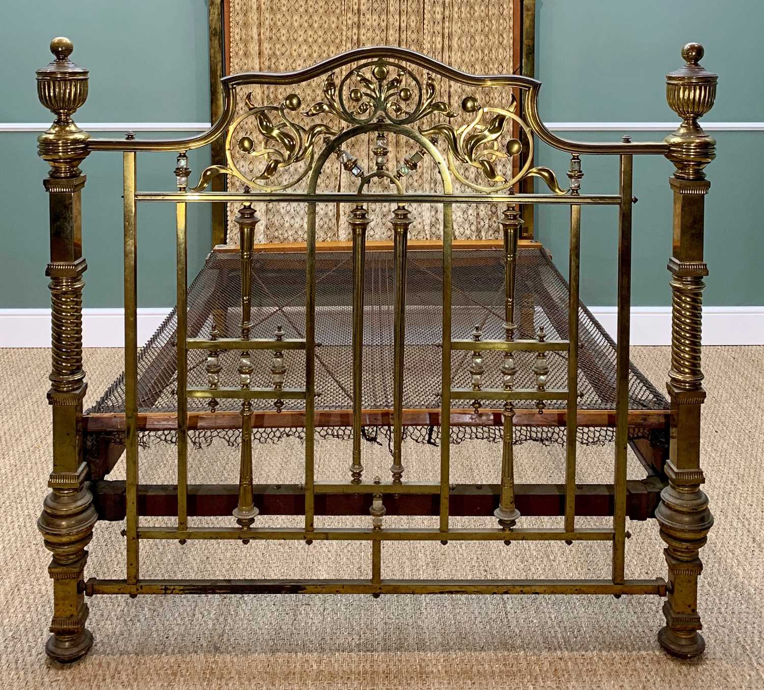 GOOD VICTORIAN GILT BRASS HALF TESTER BED, with mother of pearl detailing to the foliate head and - Image 3 of 5