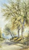 F PEARSON (English, circa 1900) watercolour - shepherd driving sheep along tree lined lane,