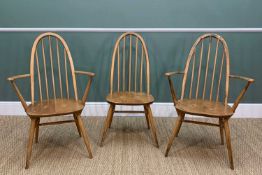 THREE ERCOL PALE ELM QUAKER WINDSOR DINING CHAIRS, including two armchairs, (3) Comments: seats