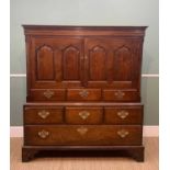 EARLY 19TH CENTURY OAK 'CARMARTHEN COFFER' ON STAND, shallow cornice above pair ogee panelled