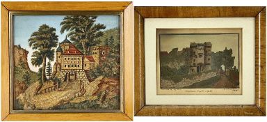 TWO 19TH CENTURY SAND PICTURES, comprising a small view of Carisbrook Castle, Isle of Wight,