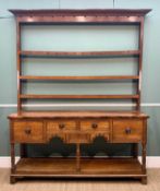 GOOD 19TH CENTURY OAK SOUTH WALES HIGH DRESSER, angled cornice above open delft rack with 3 shelves,