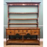 GOOD 19TH CENTURY OAK SOUTH WALES HIGH DRESSER, angled cornice above open delft rack with 3 shelves,