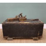 PAINTED HEAVY PINE SHIP'S TOOL CHEST with iron strap corners and hinges, wrought iron side carry