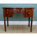 EARLY 19TH CENTURY MAHOGANY BOWFRONT SIDEBOARD, with chequer strung drawer fronts and under arch,