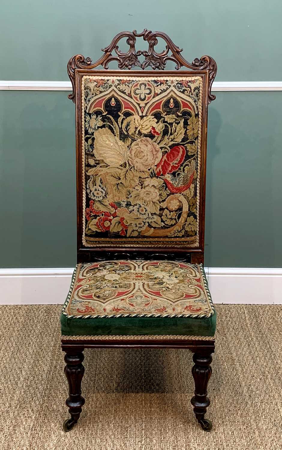 VICTORIAN ROSEWOOD & NEEDLEPOINT-UPHOLSTERED SIDE CHAIR, foliate carved cresting rail, padded back - Image 2 of 4