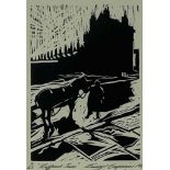 ‡ DAVID CARPANINI limited edition (9/25) monochrome lino cut - figure leading horse with cart,