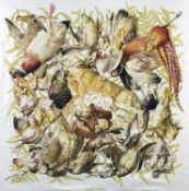 HERMES SILK SCARF, 'GIBIERS', colour printed with game birds and hare within grey border, designed