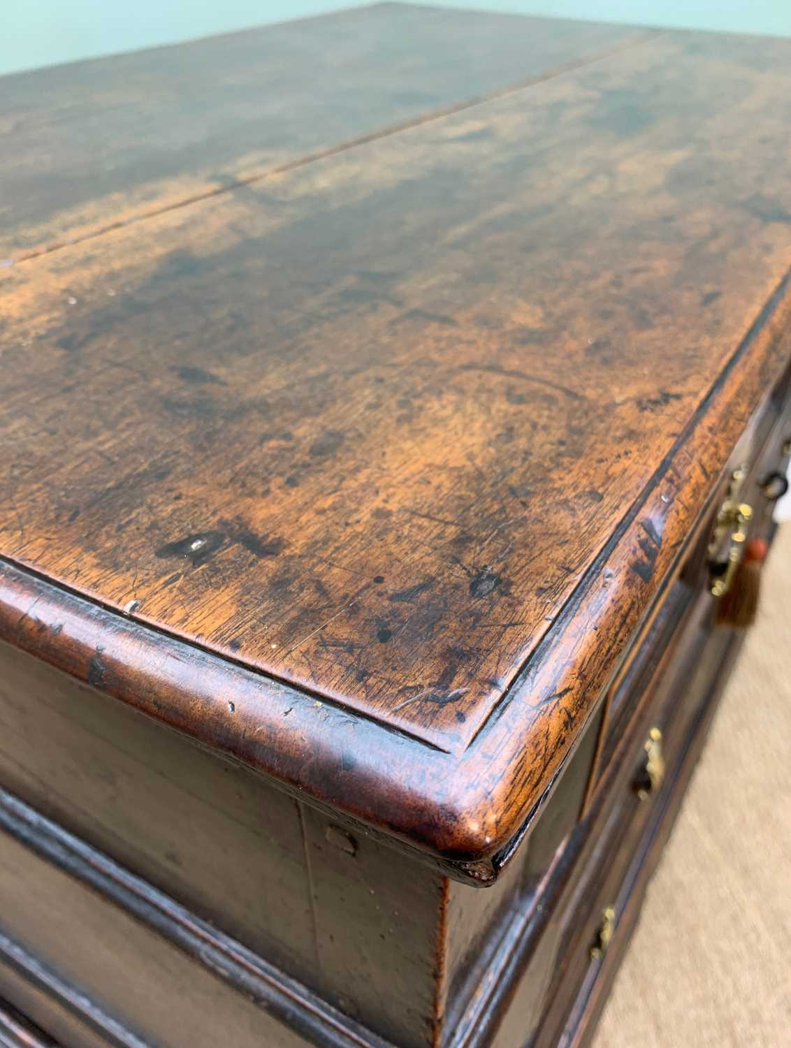 17TH CENTURY OAK GEOMETRIC FRONTED TWO PART CHEST ON STAND, fitted three graduated long drawers on a - Image 9 of 18