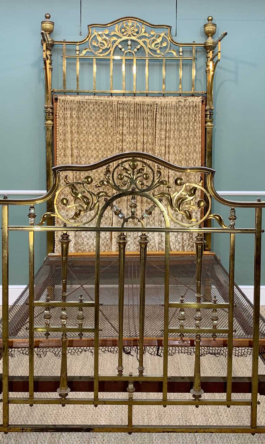 GOOD VICTORIAN GILT BRASS HALF TESTER BED, with mother of pearl detailing to the foliate head and - Image 2 of 5