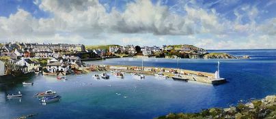 ‡ WILF ROBERTS (Welsh, 1941-2016) print - after an earlier oil painting work of Cemaes Bay,