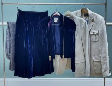 DESIGNER CLOTHING: Bruce Oldfield navy velvet jacket and skirt set with gold braid detail,